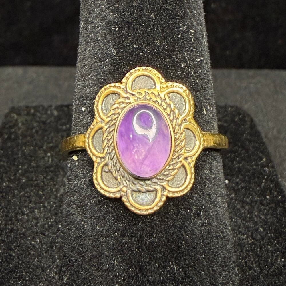 Vintage Gold Over Solid 925 Sterling Silver Purple Amethyst Ring Size 7